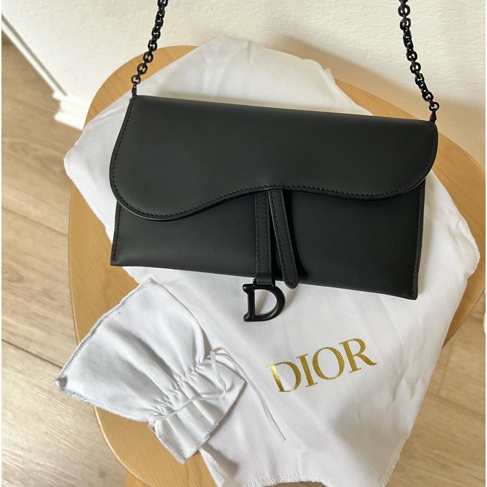 Dior Saddle Long Wallet with Chain -  black ultra matte calf skin